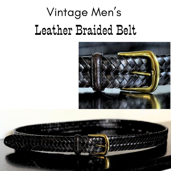 Vintage Men's L.L. Bean Black Brown Braided Leather Belt Brass Buckle Size 38" - Picture 1 of 9